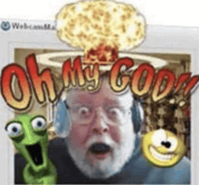a man with a beard is wearing headphones and making a funny face with a cartoon character behind him .