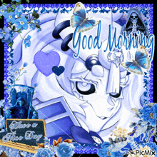 a picture of a girl with butterflies and the words good morning on it