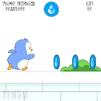 a penguin is holding a coin in a video game called tuggy penguins
