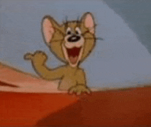 a close up of a cartoon character , jerry , waving his hand .