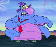 a blue cartoon character with a red tie is standing in a body of water