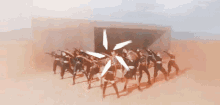 a group of people are dancing in a circle with an exclamation point in the center