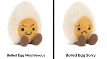 boiled egg mischiefous and boiled egg sorry stuffed animals are shown