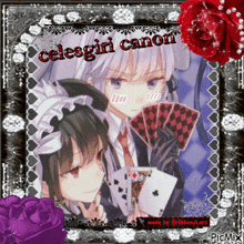a picture of celesgirl canon is surrounded by purple roses and diamonds