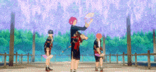 a group of anime characters are standing next to each other holding fans in front of purple flowers .