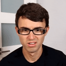 a man wearing glasses and a black shirt is making a face