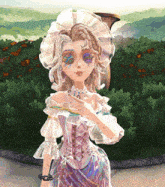 a cartoon drawing of a woman in a pink dress and white hat