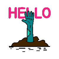 a zombie hand is sticking out of the ground with the word hello written above it