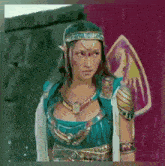 a painting of a woman in a blue and white costume