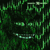 a cartoon of a green cat with yellow eyes and a smile