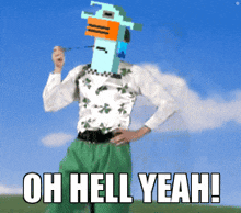 a man with a bird on his head is standing in a field with the words oh hell yeah on the bottom