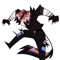 a cartoon drawing of a person with purple hair and a tail