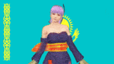 a woman with purple hair is standing in front of a yellow sun