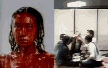 a woman with red paint on her face is next to a group of people sitting at a table