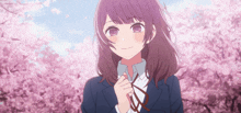 a girl with purple hair is wearing a school uniform