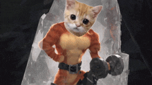 a cat with muscles is holding a dumbbell in front of a block of ice