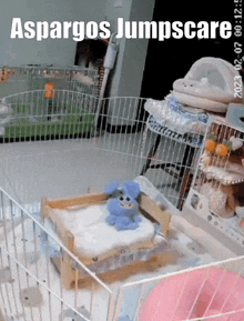 a rabbit is laying on a bed in a cage with the words " aspargos jumpscare " above it