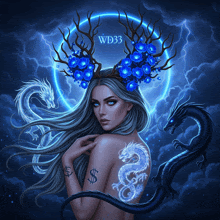 a painting of a woman with dragons and the name wd33