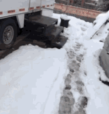 a white truck is parked in the snow next to a car .