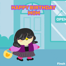 a cartoon of a woman standing in front of a door with the words happy birthday mom above her