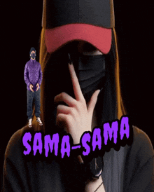 a woman wearing a mask and a hat with the word sama-sama on the bottom