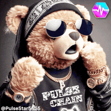 a teddy bear wearing sunglasses and a black shirt that says pulse chain