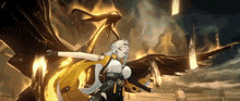 a girl with long white hair and wings is standing in front of a dragon .