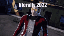 a man wearing sunglasses and a t-shirt that says more here