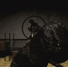 a computer generated image of a person walking in a dark hallway