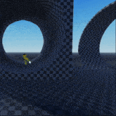a yellow car is going through a checkered tunnel with a blue sky in the background