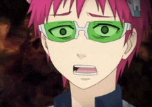 a close up of a cartoon character wearing green glasses and making a surprised face .