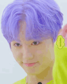 a boy with purple hair is wearing a green sweater that says treasure on the sleeve