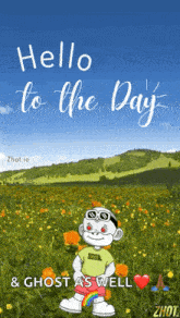a cartoon character is standing in a field of flowers with a rainbow sticking out of his shorts .