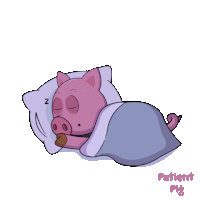 a cartoon pig is sleeping under a purple blanket with the words patient pig below it