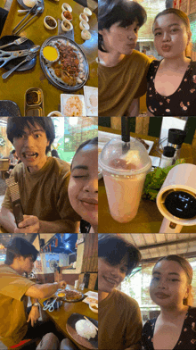 a collage of photos shows a man and a woman eating and drinking