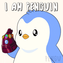 a penguin is holding a heart shaped object and says " i am penguin "