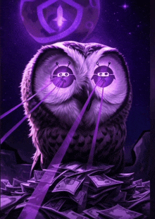 an owl is sitting on a pile of money with purple lasers coming from its eyes