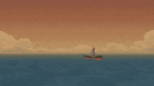 a boat is floating in the middle of the ocean at sunset