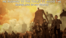 a group of people are running away from a giant monster in a toilet .