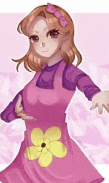a drawing of a girl in a pink dress with a yellow flower on her chest .
