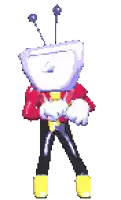 a pixel art of a cartoon character with a purple head