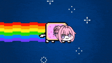 a pixel art drawing of a cat with a rainbow coming out of it 's mouth