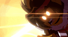 a close up of a cartoon character with glowing eyes and a yellow background