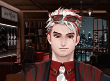 a man with red and white hair is standing in front of a window