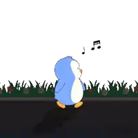 a cartoon penguin is walking down a street with music notes flying in the background