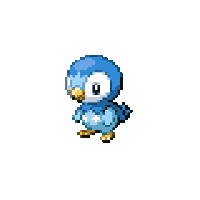 a pixel art of a blue penguin with a yellow beak on a white background