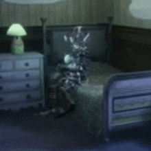 a ghost is sitting on a bed in a bedroom next to a dresser .