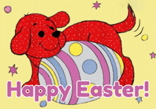 a red dog is laying on an easter egg with the words happy easter written below it