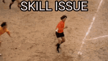 a soccer goalie is laying on the ground with the words skill issue behind him