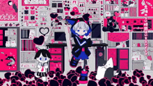 a girl in a blue jacket is standing in a room with a lot of hearts